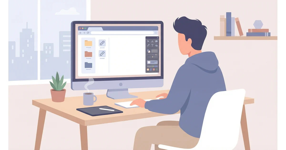 Professional workspace with browser showing organized work links and tools