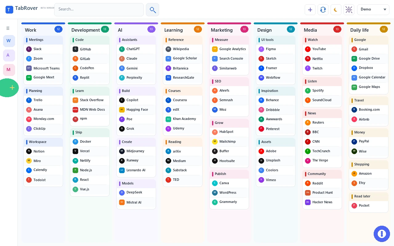 TabRover workspace with project columns, grouped links, search, and an Inbox.